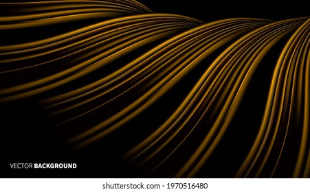 Golden liquid smooth waves on black background with lens flare. Geometric abstract Bright glowing Vector design.