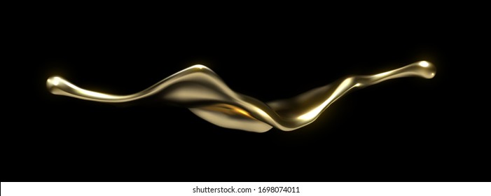 Golden liquid splash isolated on black. Vector realistic 3d illustration. Flowing gold. Melted and dripping metallic substance. Isolated splashing substance. Decoration element for luxury design
