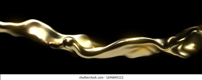 Golden Liquid Wave Isolated On Black Background. Vector Realistic 3d Illustration. Flowing Gold Stream. Melted And Dripping Metallic Substance. Glowing Splash. Decoration Element For Design