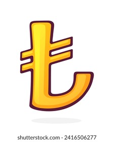 Golden Lira Sign. Turkish Currency Symbol. Vector illustration. Hand drawn cartoon clip art with outline. Graphic element for design. Isolated on white background