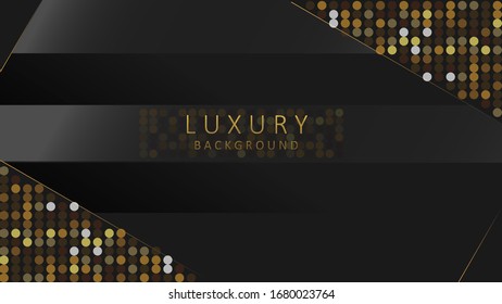  Golden list on black square and glitters. abstract background with black overlap layers.