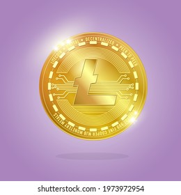 Golden Litecoin coin. Crypto currency blockchain coin Litecoin symbol isolated on white background. Realistic vector illustration.