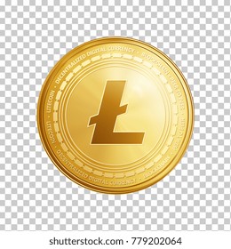 Golden Litecoin coin. Crypto currency blockchain coin Litecoin symbol isolated on white background. Realistic vector illustration.