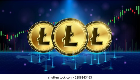 Golden Litecoin currency coin. Electronic crypto currency modern technology. Digital cryptocurrency block chain market token banner. On world map chart background. 3D Vector.

