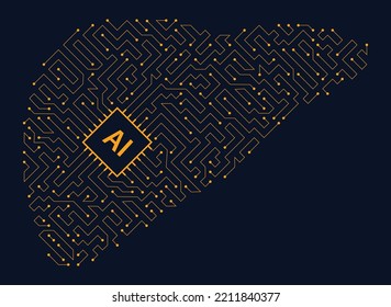 Golden Liver circuit board. Golden Liver technology. Artificial intelligence in Golden Liver shape isolated on dark Blue background. CPU Organ Circuit board.
