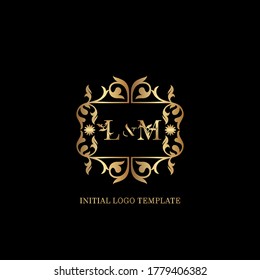 Logo inicial de Golden LM. Emblema de marco ampersy decoración monograma lujoso modelo de logotipo para boda o más lujo identidad