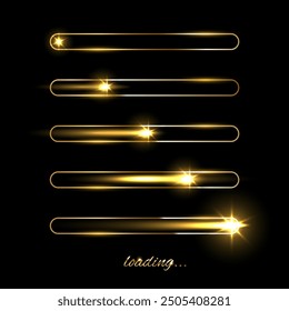 Golden loading bar with flash star vector illustration set. New Year progress, Christmas party countdown, download screen. Invitation card, banner. Event, holiday expectation. Sparkling and glitter.