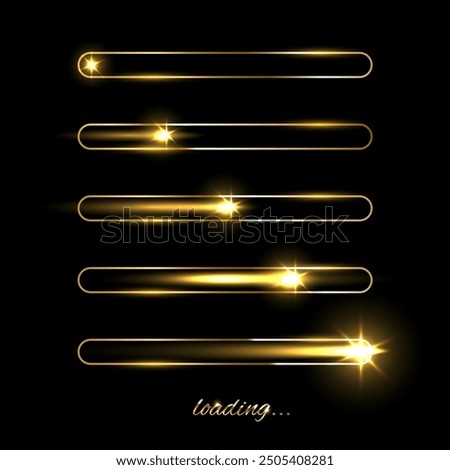 Golden loading bar with flash star vector illustration set. New Year progress, Christmas party countdown, download screen. Invitation card, banner. Event, holiday expectation. Sparkling and glitter.