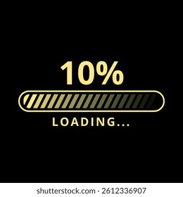 Golden loading bar isolated on black background at 10% loaded for websites and graphic resources.