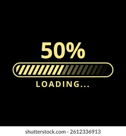 Golden loading bar isolated on black background at 50% loaded for websites and graphic resources.