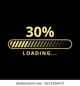 Golden loading bar isolated on black background at 30% loaded for websites and graphic resources.