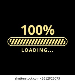 Golden loading bar isolated on black background at 100% loaded for websites and graphic resources.