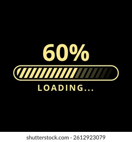 Golden loading bar isolated on black background at 60% loaded for websites and graphic resources.