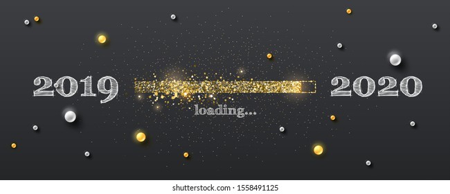 Golden loading bar with transition from 2019 to 2020 new year on blackboard. Happy New Year card with glittering progress bar, chalk lettering and gold and white pearls. Vector illustration EPS10