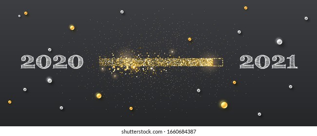 Golden loading bar with transition from 2020 to 2021 new year on blackboard. Happy New Year card. Glittering progress bar. Handwritten chalk lettering and gleaming pearls. Vector illustration EPS10.