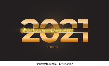 Golden loading bar with transition to 2021 new year on black background. Happy New Year and Christmas card with glittering progress bar and gold. Vector illustration EPS10