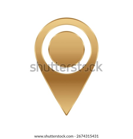 Golden location pin icon with subtle metallic shine. features a simple drop shape and central circle.