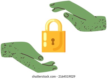 Goldenes Schloss zwischen den menschlichen Händen. Sicherheits- und Schutzsymbol. Verschließtes Schloss mit Schlüsselloch. Schutz personenbezogener Daten, Sicherheitskonzept. Geschützter Zugriff auf Informationen. Schleuse, Vorhängeschloss in Händen