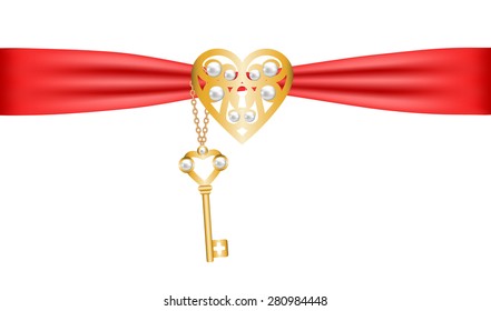 Golden lock shaped heart and key with red ribbon
