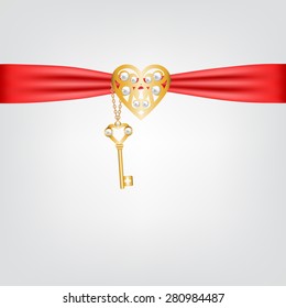 Golden lock shaped heart and key with red ribbon
