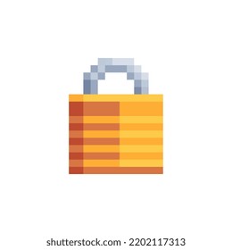 Golden lock sticker, pixel art icon, design for logo, web, mobile app, badges and patches. Isolated on white background vector illustration. Game assets 8-bit sprite.