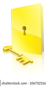 A golden locked book with a key. Education concept.