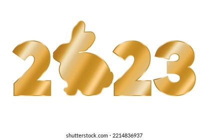 Golden logo 2023 with rabbit. Vector illustration. 3d picture.