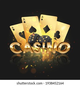 Golden logo casino with black dice  and gold playing cards with reflection and lights. Concept for game design. Vector illustration.