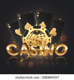 Golden logo casino with black poker chips, token, golden dices and black playing cards with reflection and lights. Concept for game design. Vector illustration.