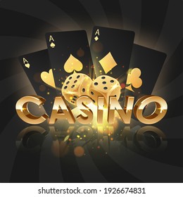 Golden logo casino with gold dice  and black playing cards with reflection and light. Concept for game design. Vector illustration for card, party, flyer, poster, decor, banner, web, advertising.