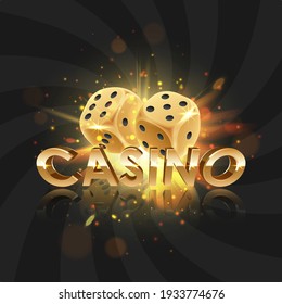 Golden logo casino with gold dice  with reflection and golden lights, rays, sparkles. Concept for game design. Vector illustration for card, flyer, poster, decor, banner, web, advertising.