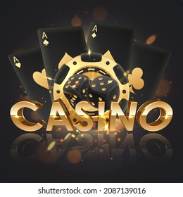 Golden logo casino with gold poker chips, token, black dices and black playing cards with reflection and lights. Concept for game design. Vector illustration.