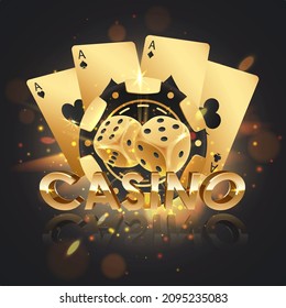 Golden logo casino with gold poker chips, token, gold dices and playing cards with reflection and lights. Concept for game design. Vector illustration.