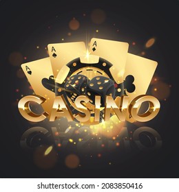 Golden logo casino with golden poker chips, token, black dices and gold playing cards with reflection and lights. Concept for game design. Vector illustration.