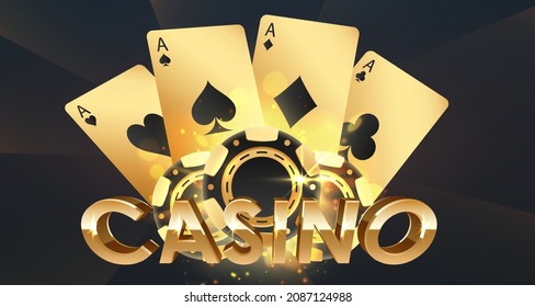 Golden logo casino with tree gold and black poker chips, tokens, and playing cards with reflection and lights. Concept for game design. Vector illustration.