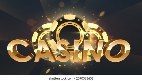 Golden logo casino with tree gold and black poker chips, tokens, and lights, rays, glare, sparkles on black background. Concept for game design. Vector illustration for card, casino, advertising.