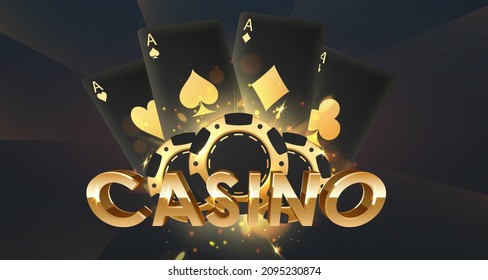 Golden logo casino with tree gold and black poker chips, tokens, and playing cards with reflection and lights. Concept for game design. Vector illustration.