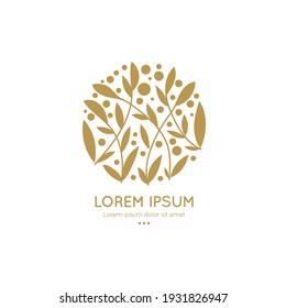 Golden logo with decorative vector leaves. Elegant, classic elements. Can be used for jewelry, beauty and fashion industry. Great for, emblem, background or any desired idea.