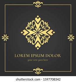 Golden logo with decorative vector ornament. Elegant, classic elements. Can be used for jewelry, beauty and fashion industry. Great for frame, emblem, background or any desired idea.