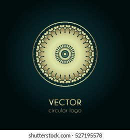 Golden logo design template, creative circular emblem, decorative icon, vector illustration