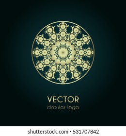 Golden logo design template, creative circular emblem, decorative icon, vector illustration
