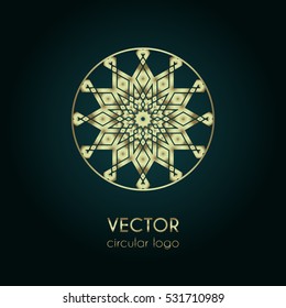 Golden logo design template, creative circular emblem, decorative icon, vector illustration
