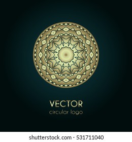 Golden logo design template, creative circular emblem, decorative icon, vector illustration