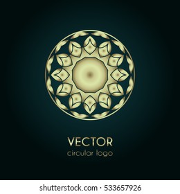 Golden logo design template, creative circular emblem, decorative icon, vector illustration