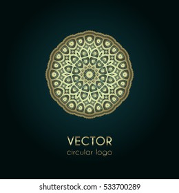 Golden logo design template, creative circular emblem, decorative icon, vector illustration 