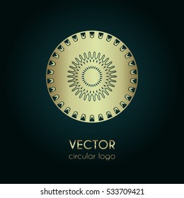 Golden logo design template, creative circular emblem, decorative icon, vector illustration 