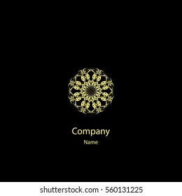 Golden logo design template, creative circular emblem, decorative icon, vector illustration.