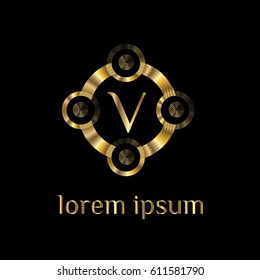 Golden logo design template. Creative circular emblem, decorative icon, Monogram element vector illustration letter V