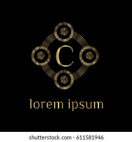 Golden logo design template. Creative circular emblem, decorative icon, Monogram element vector illustration letter C