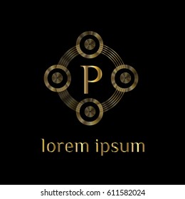 Golden logo design template. Creative circular emblem, decorative icon, Monogram element vector illustration letter P
